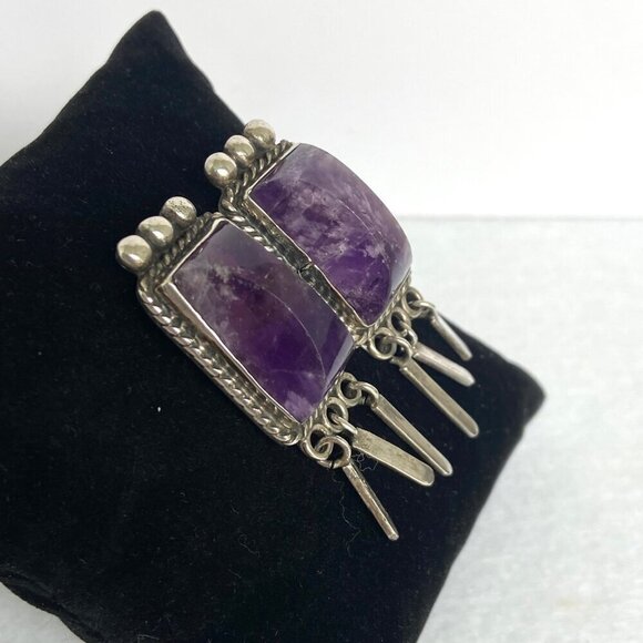 VTG Sterling Silver 925 Mexico Bezel Set Loaf Faceted Double Amethyst Brooch - Picture 2 of 16